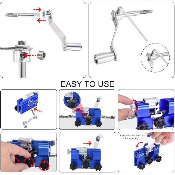 Portable Hand Cranked Chainsaw Chain Sharpener with 3 Grinding Rods Sharpening Jig Tool for Chain Saw Maintenance and Repair