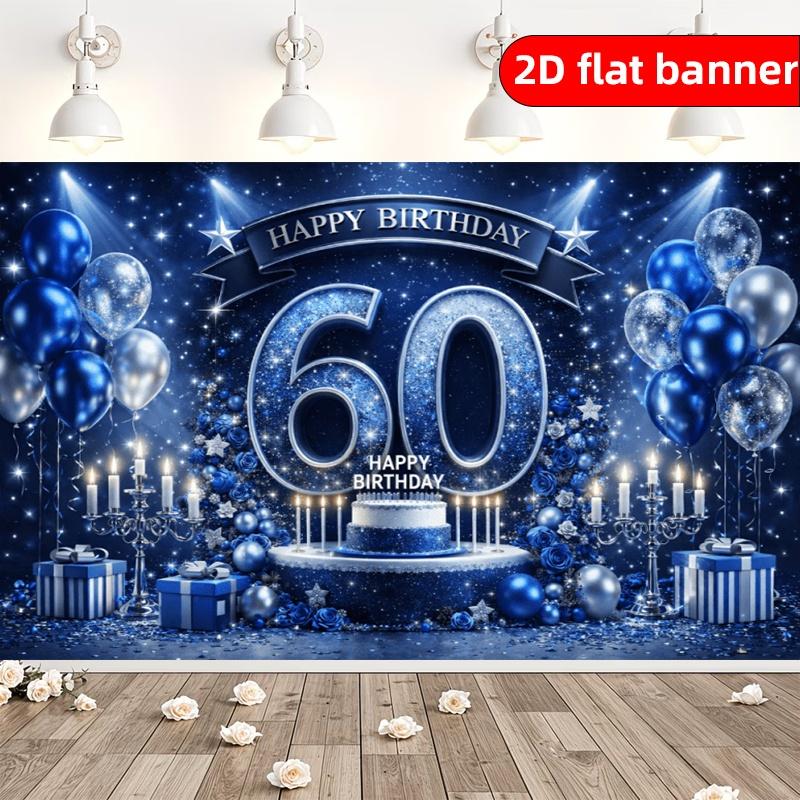 2D Luxury Blue Gold 60th Birthday Background Fabric Birthday Party Decoration Banner