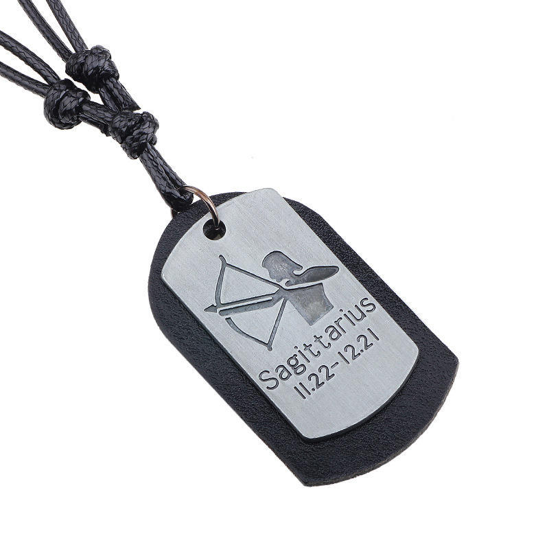 JMXD-European and American Twelve Constellation Necklace Retro Brushed Metal Pendant Genuine Leather Wax Rope Woven Constellation Series Necklace