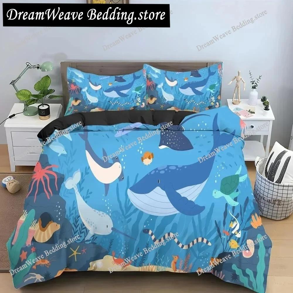 Bule Dolphin Whale King Queen Duvet Cover Underwater World Bedding Set Cartoon Sea Animal Comforter Cover Polyester Quilt Cover
