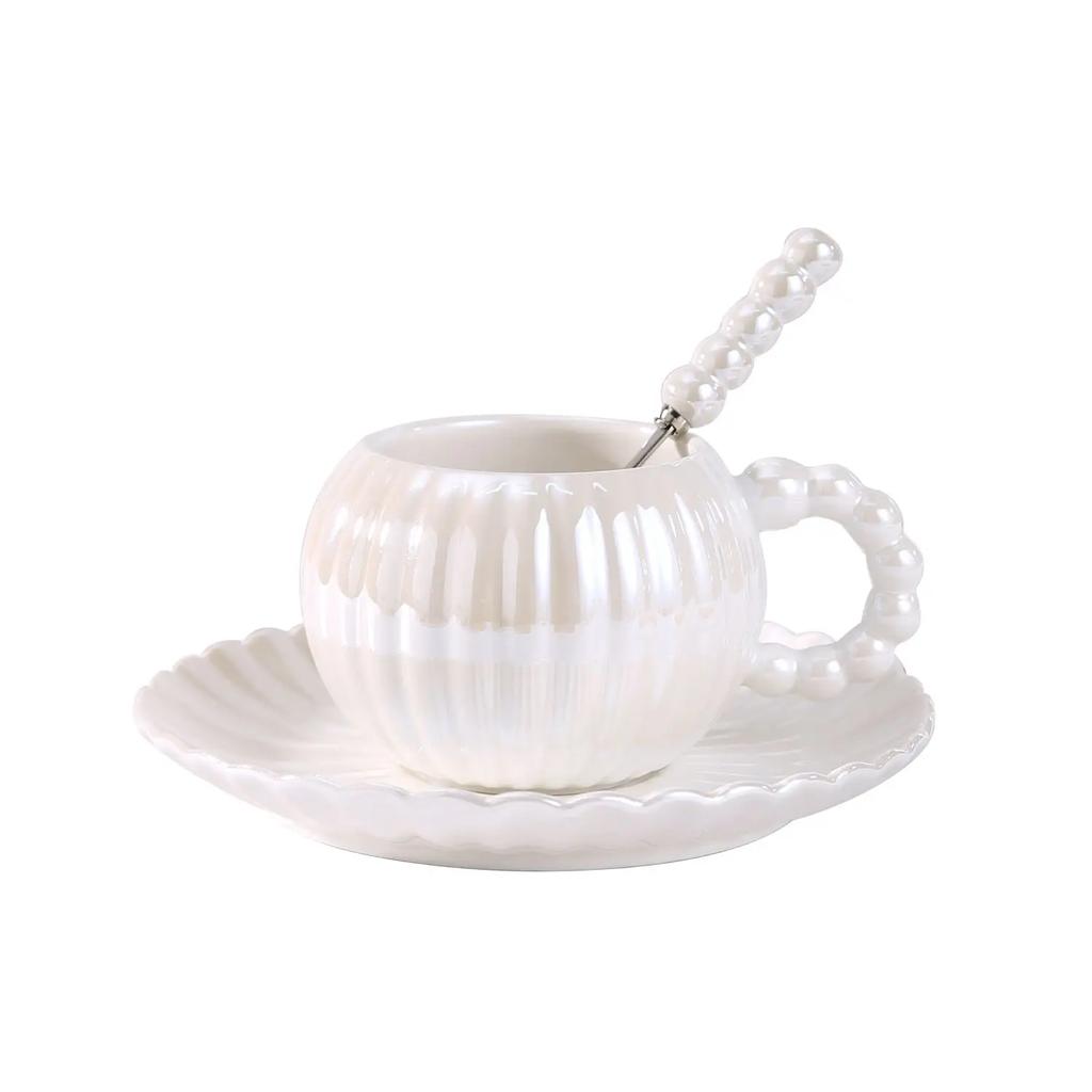 Light Luxury Creative Ceramic Coffee Cup Saucer Set Ins Pearlescent Glaze Ceramic Afternoon Tea Cup Saucer Set Cup with Spoon