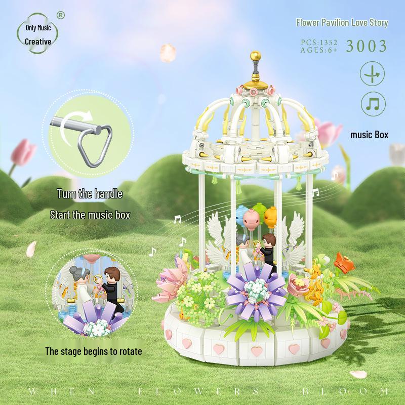 Weilechuangxiang 3003 Music Box Series: Romantic Flower Pavilion Building Blocks Toy for Girls