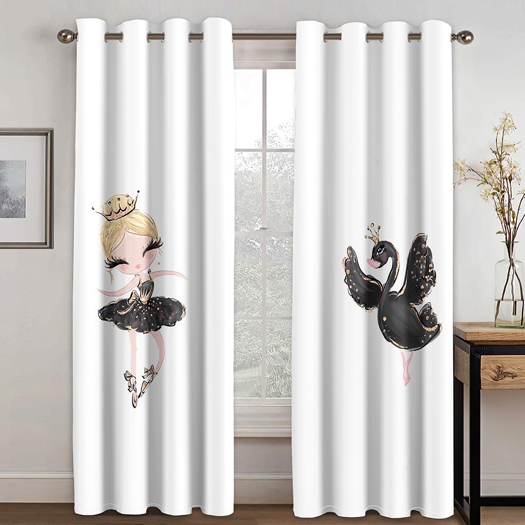 Rideau Licorne Dessin Animé 3D Rideau Fille Dansante Rideau Cygne Noir et Blanc 2 Panneaux Décoration Salon Chambre Chambre d'Enfants