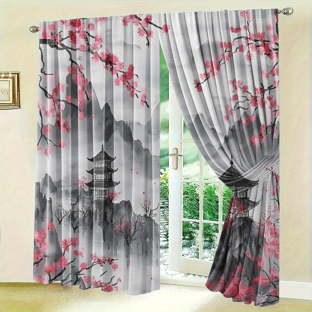 Chinese Ink Painting Sakura Curtains Top Bedroom Living Room Light Blocking Set Of 2 Made Polyester With Rod Pocket Great Decor