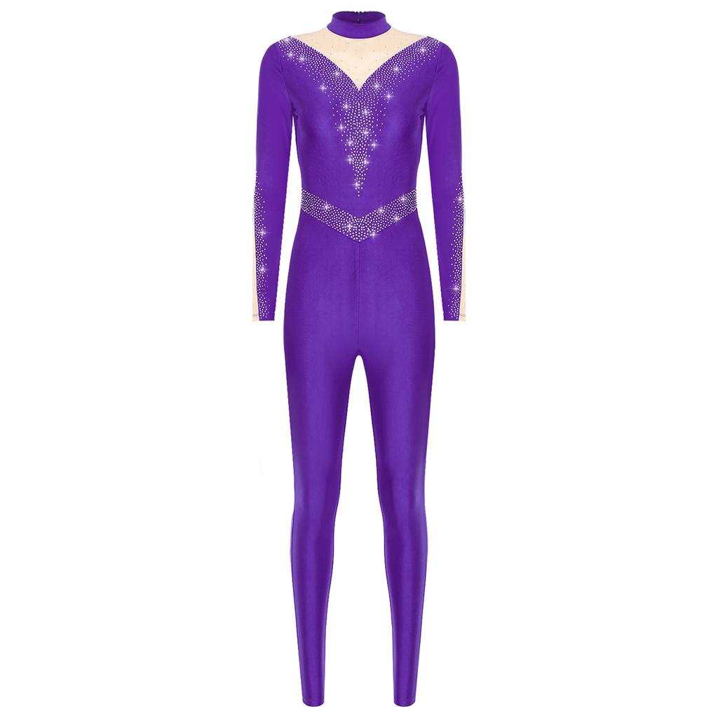 Womens Sparkle Rhinestone Dance Gymnastics Leotard Mock Neck Long Sleeve Long Pants Jumpsuit