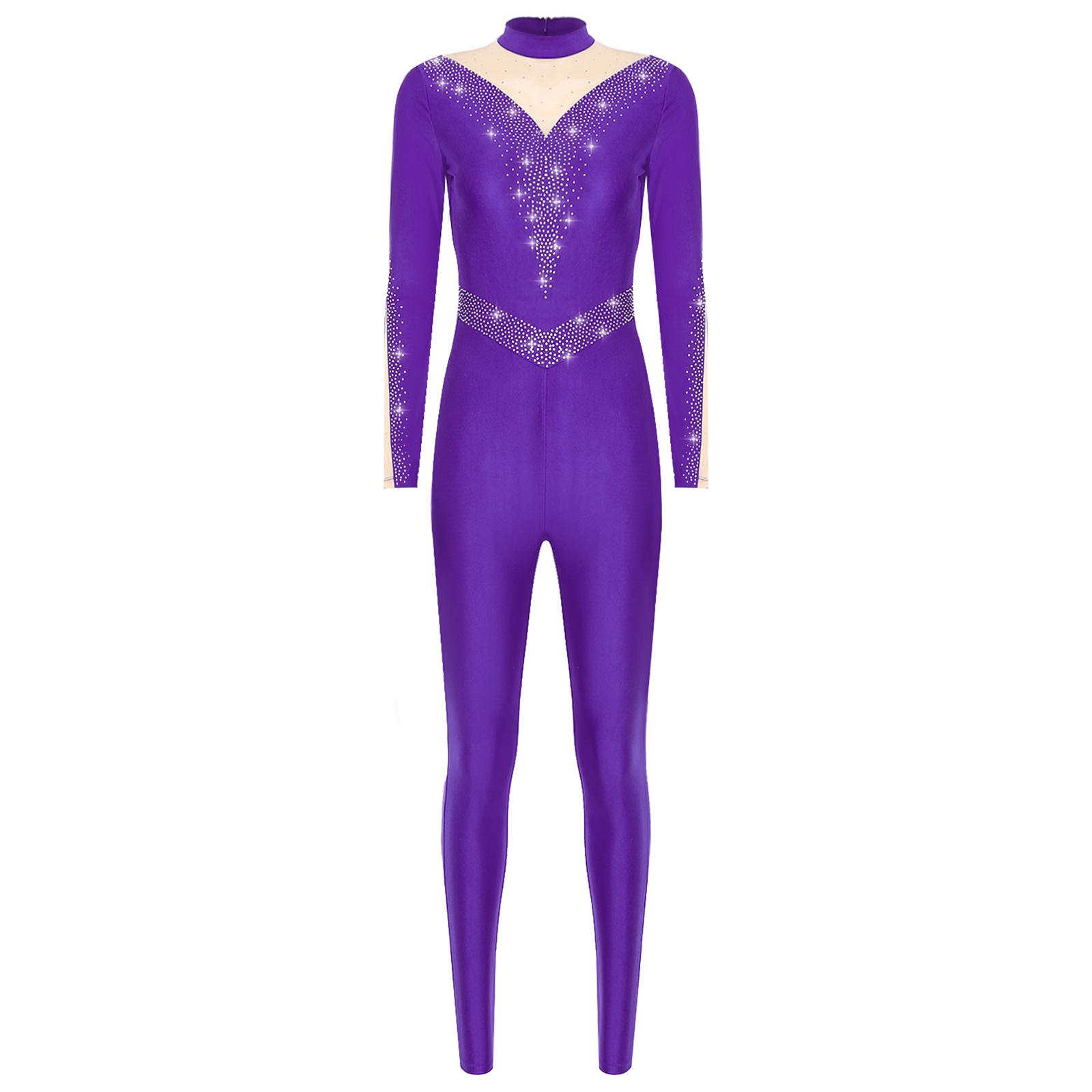 

Womens Gymnastics Jumpsuit Shiny Rhinestones Patchwork Mock Neck Long Sleeve Back Invisible Zipper Long Pants S