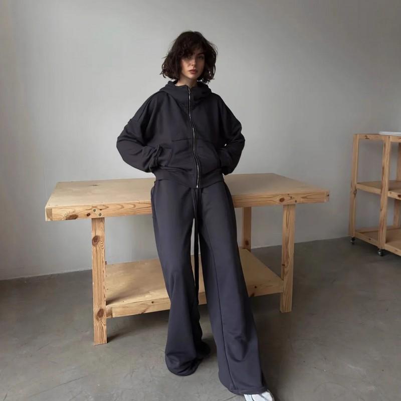 Casual Suit Women's Street Style Long-sleeved Hooded Cardigan Elastic Trousers Two-piece Set