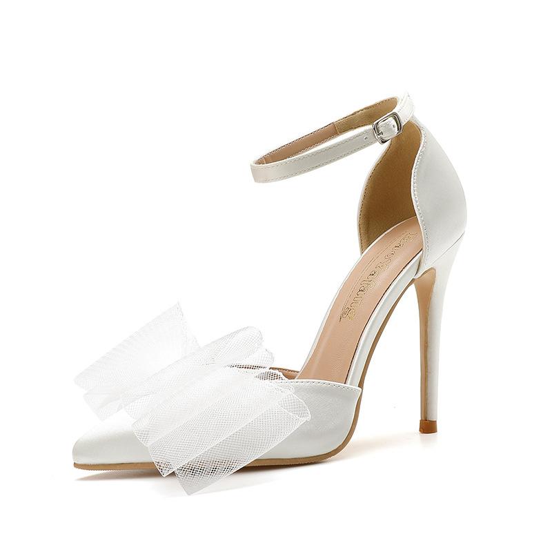 2025 Direct Sales New Lace Asymmetrical Bow Pointed Sexy High Heels Fairy Socialite Banquet Shoes Wedding Shoes