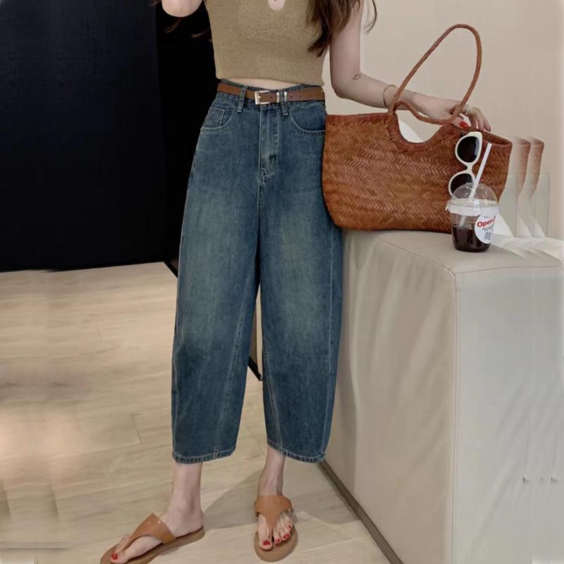 

Джинсы для девочек с высокой посадкой и широкими штанинами 2023: Осень/Зима Свободный крой, Стройнящий, Прикрывающий промежность Стиль «банан» длиной 9/10 Extra Large синий