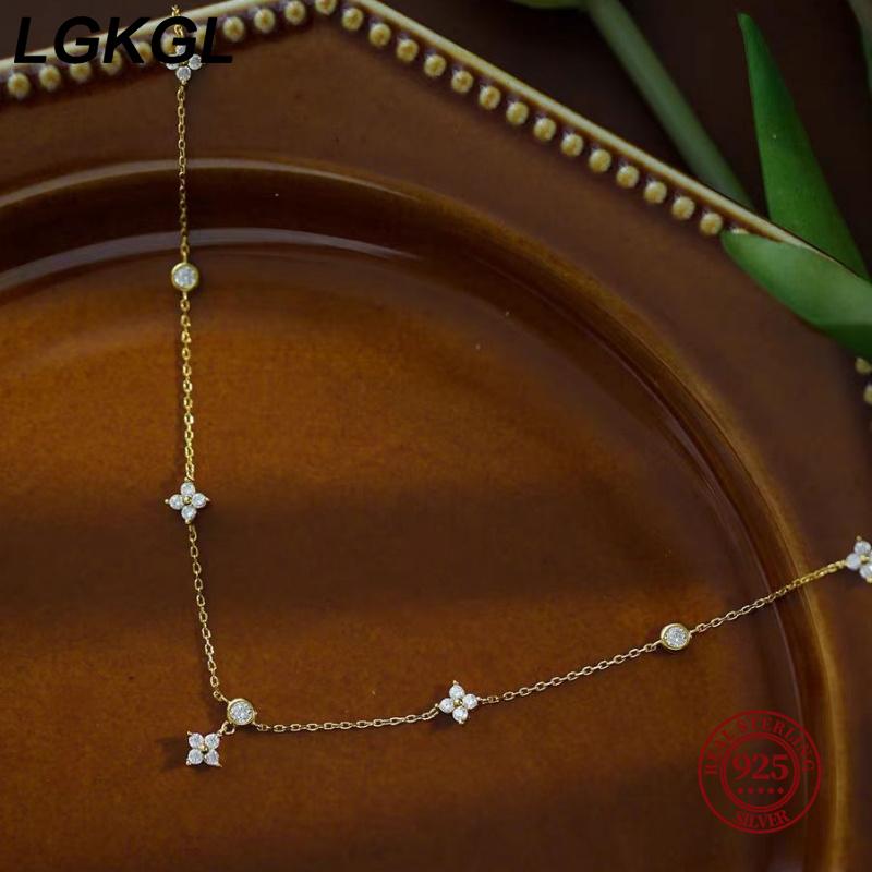 LGKGL Read S925 Silver Plated 18K Gold Sparkling Zircon Flower Necklace for Women Girl Exquisite Party Jewelry Gifts