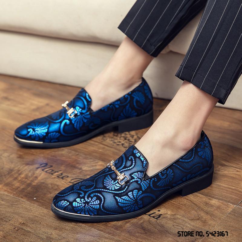 Fashion New Men Dress Leather Shoes For Male Luxury British Gold Blue National Pattern Oxfords Classic Gentleman Wedding Prom Footwear