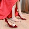 Red Pointed Shallow Mouth High Heels  Suede Women's Stiletto Heel Bridal Shoes Soft Comfort Solid Pearl Wedding Single Shoes
