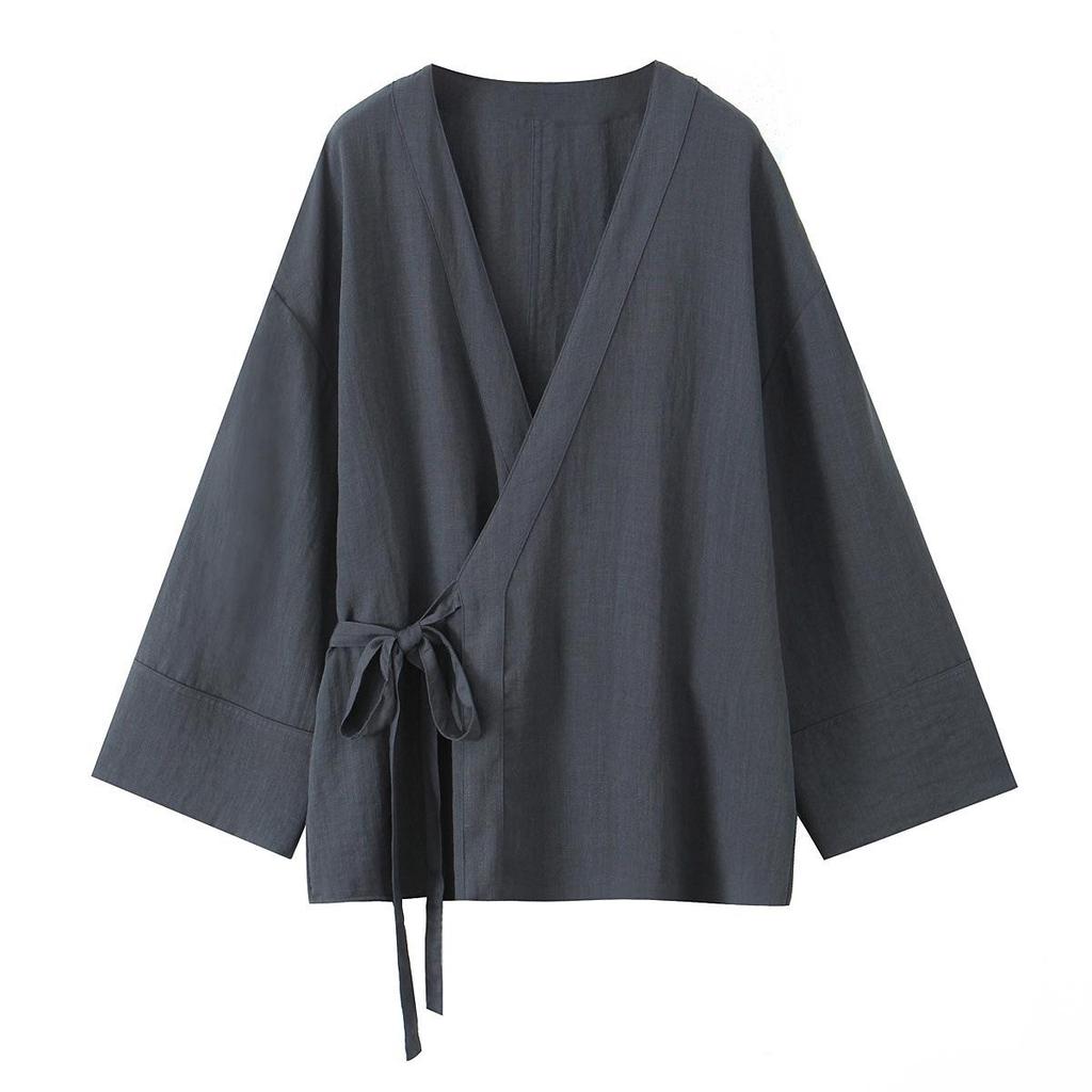 2025 Spring Women's Kimono Jacket & Wide-Leg Pants Set with Casual Tie Design
