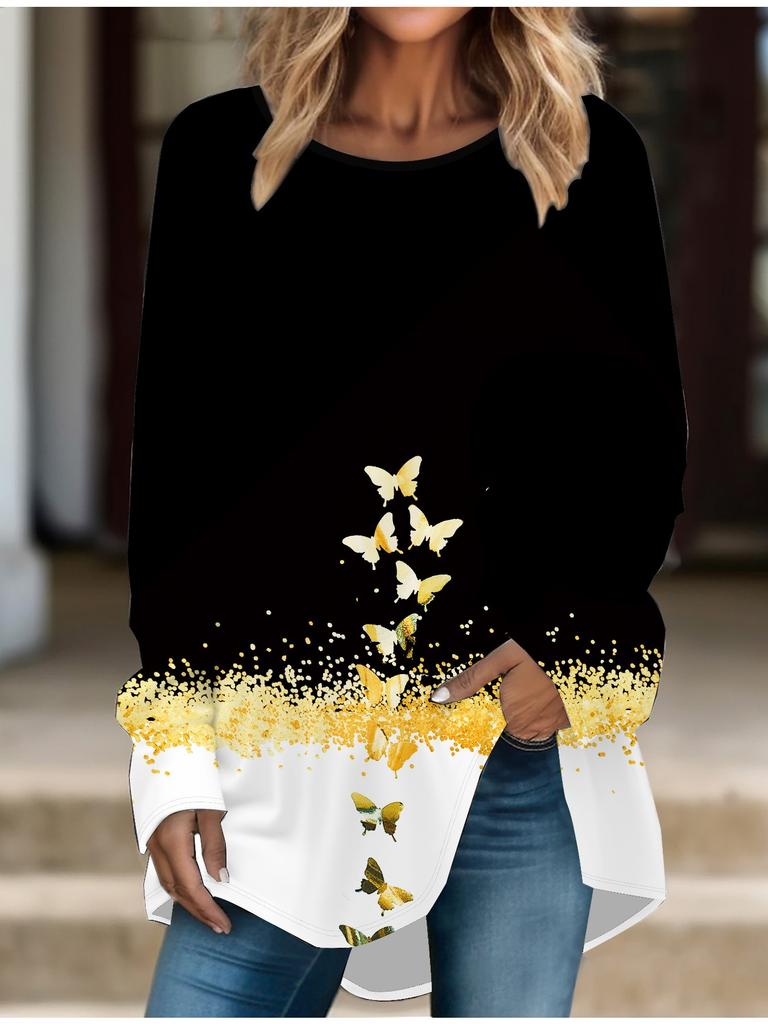 Übergröße Damen Frühling Schmetterlingsdruck Bequemes Langarm Rundhals T-Shirt Lässig Weit Mittelang Tops