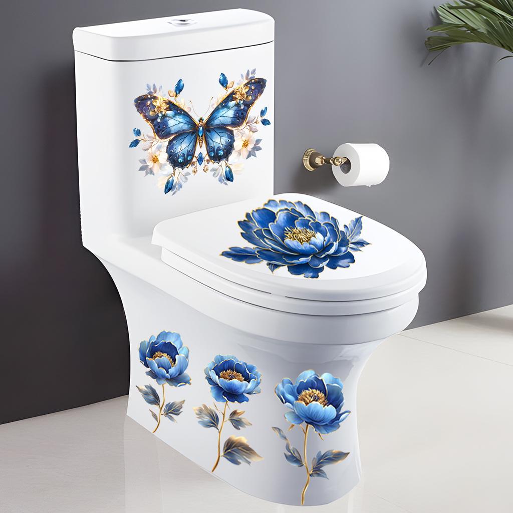Dream Blue Butterfly Wall Sticker Bathroom Toilet Sticker WC Self Adhesive Mural Beautify Flower Home Decoration Decals Bathroom