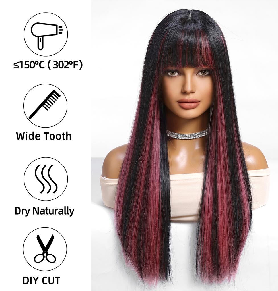 Zwarte Highlights Roze Synthetische Pruik met Pony Lange Rechte Zwarte Highlights Rode Pruik Voor Vrouwen Cosplay Feest Kerstpruik 26inch