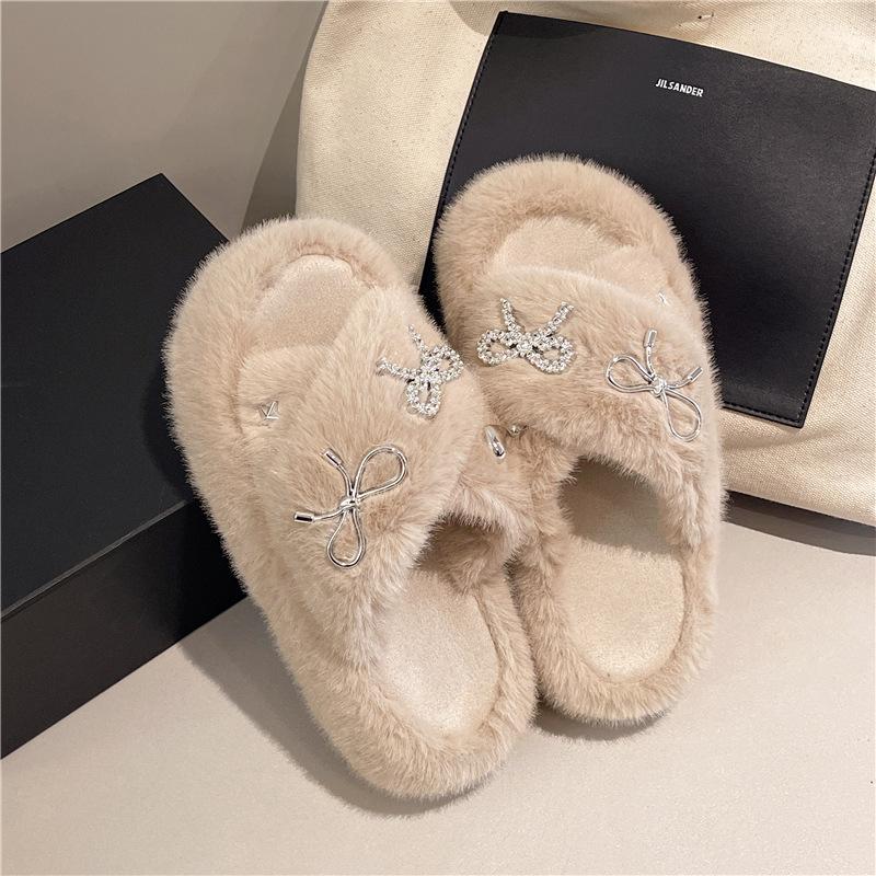 

2025 зима новая мода верхняя одежда пушистые тапочки женские с бантом на плоской подошве один слово вельветовые домашние хлопковые тапочки 41 хаки