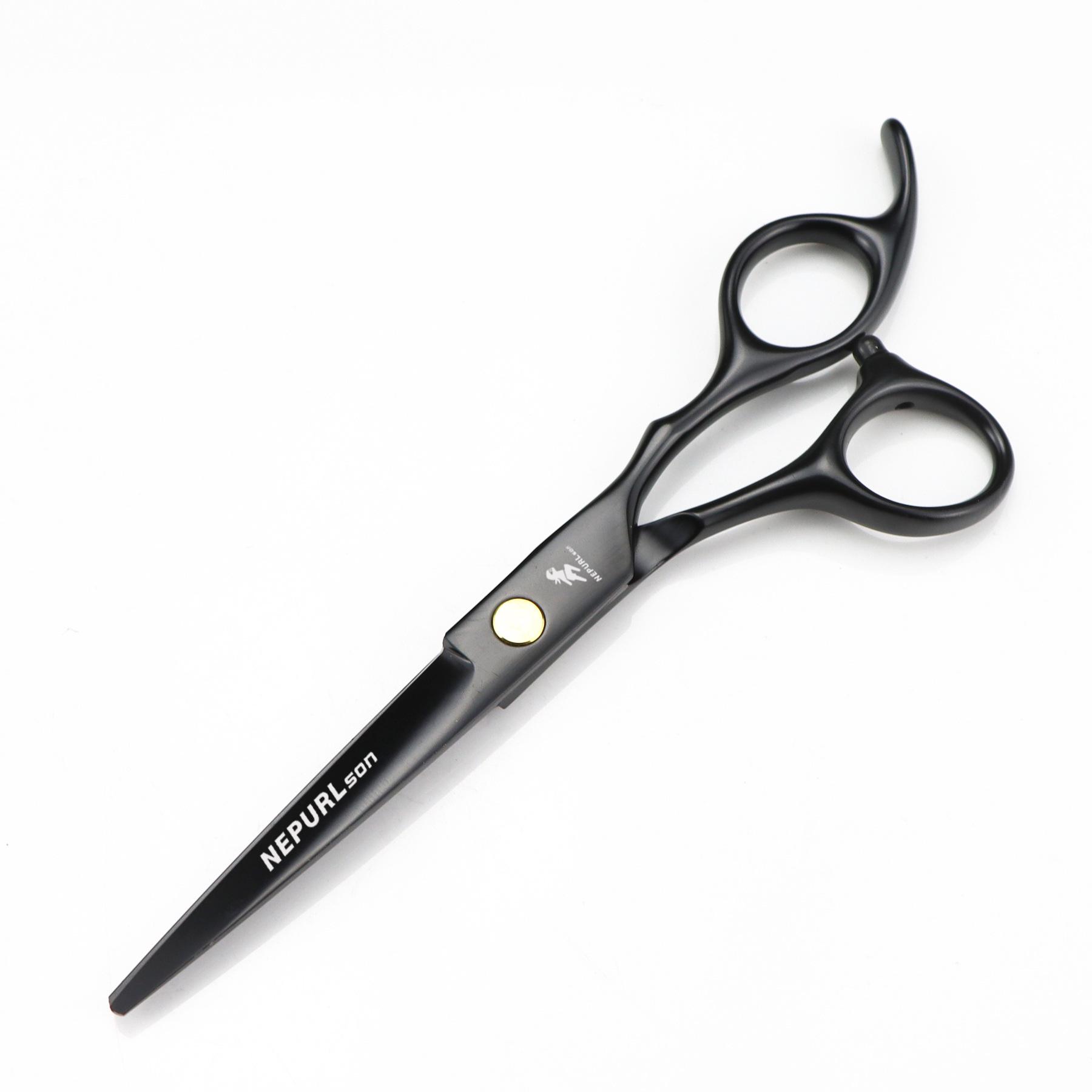 6.0 Black Baked Paint Sword-Shaped Gold Screw Barber Scissors – Serrated & Thinning Options Available