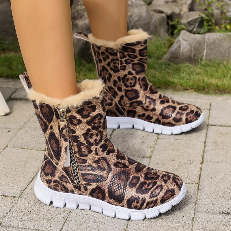Fashion Winter New Flat Shoes Women's Fashion Round Head Side Zipper Snake Soft Sole Anti-slip Wear-resistant Short Boots