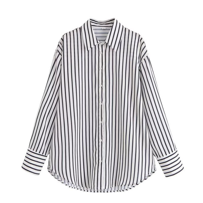 

Kaslead New Women clothes Western Style Loose Fashion Casual Stripe Long sleeve Shirts 1265984 Black Stripes L