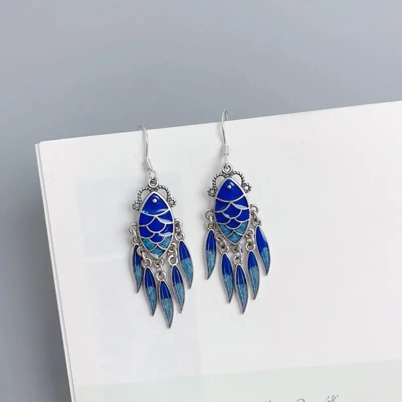 National Style   Tassel Fish Blue-green Earrings for Women Long Style Vintage Exaggerated Enamel Koi Earings Jewelry