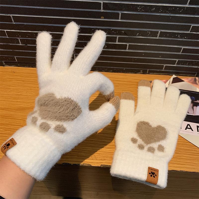 Gloves for Women In Winter, Thickened and Warm, Touch-screen Knitted, Cute, Plush, Wool, Cycling, Cold-proof, Split-fingered Students, Winter