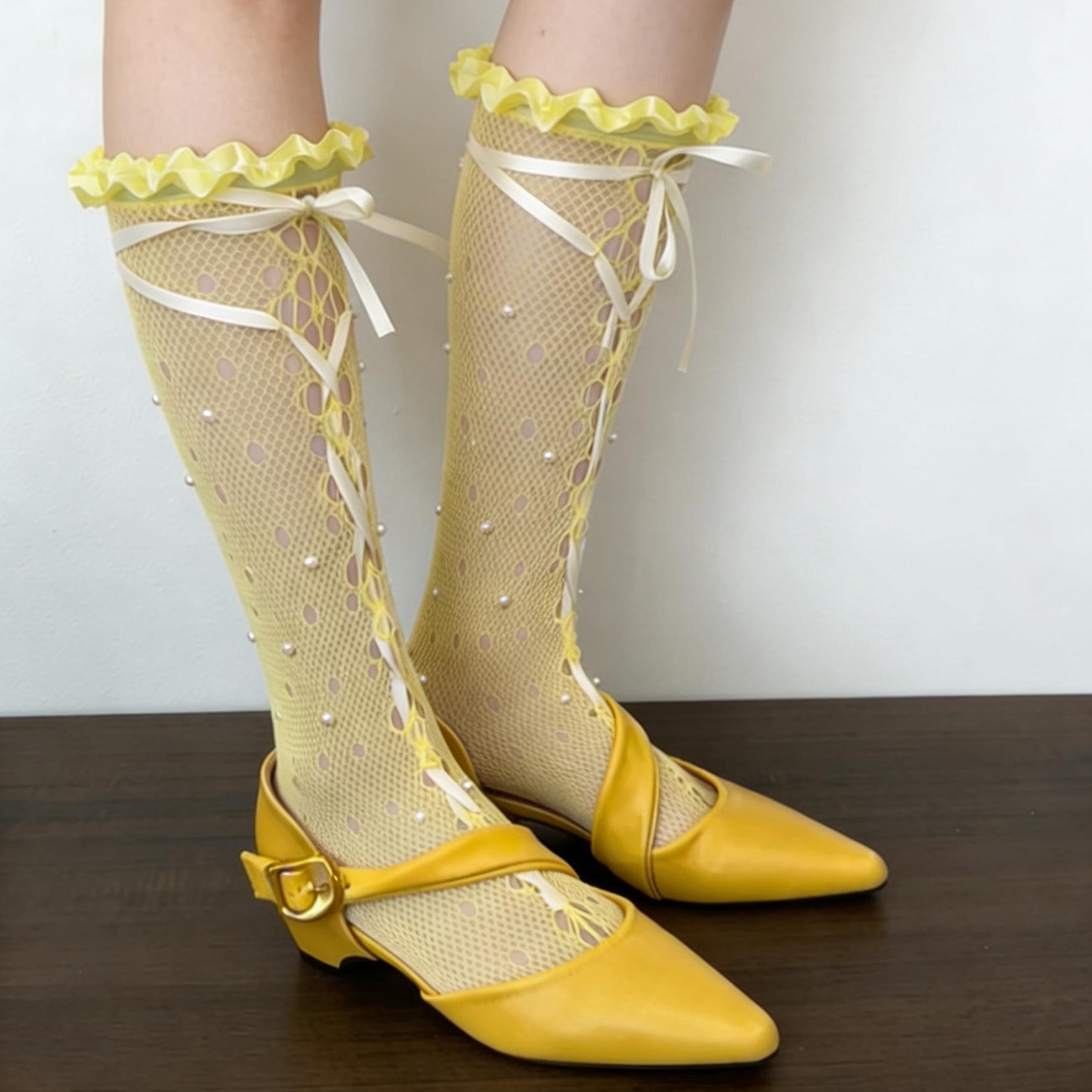 Süße Perlen-Ballett-Ausschnitt-Sommerstrümpfe Ins Koreanischer Stil Niedliche Damen-Wadenstrümpfe Tägliches Lolita-Kleid Kurze Netzstrümpfe One Size beige