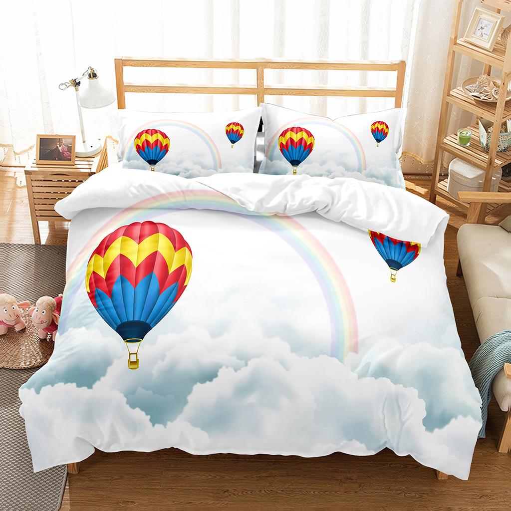 Heißluftballon Bettbezug Set Weißes Wolkenmuster Polyester Bettdeckenbezug King Queen Einzelgröße Für Kinder Mädchen Schlafzimmerdeko