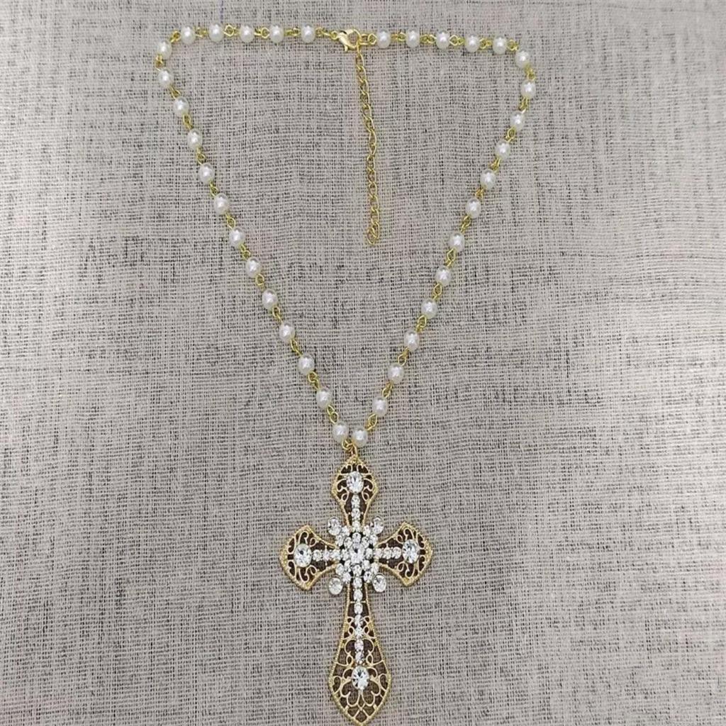 Victorian Gothic Punk Cross Necklace - Large White Pearl Vampire Pendant Diamond Jewelry