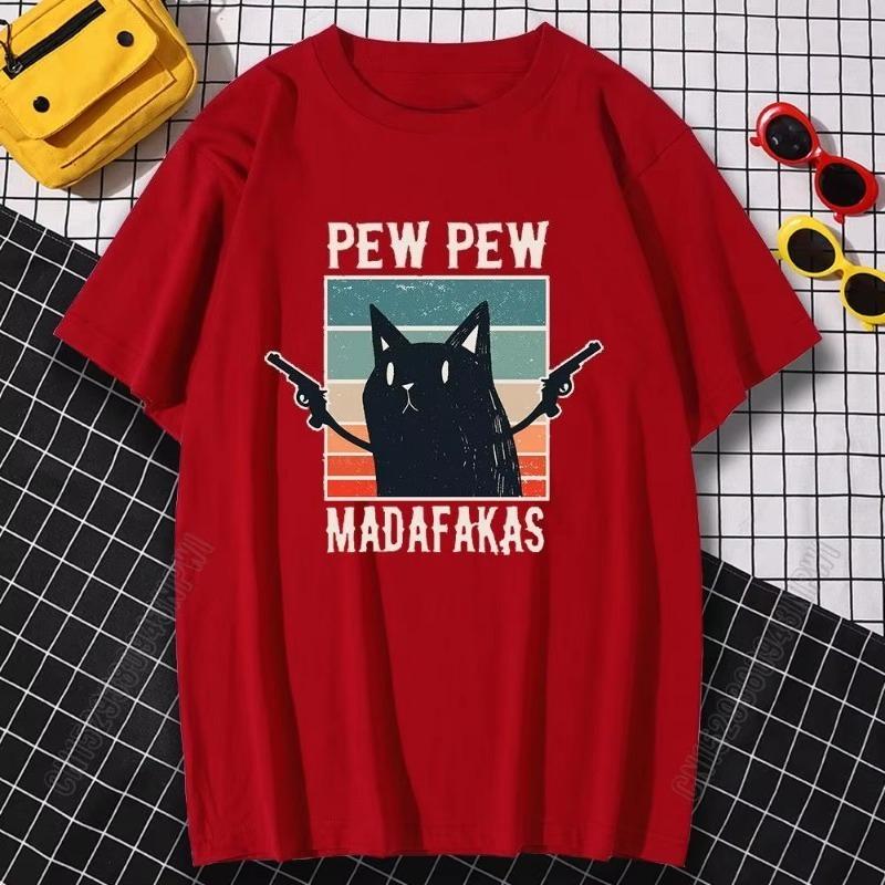 Funny Print Pew Pew Madafakas Black Catcartoon Tshirt Hipster Casual Unisex Cotton Clothes Loose Tshirt Harajuku Crewneck Unisex Tops
