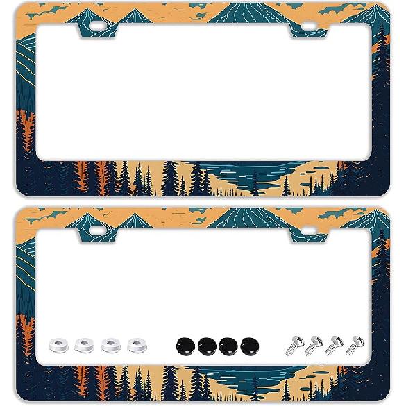 Mounta Cherry Blossom License Plate Frames - 2 Pcs Set 2 Holes Stainless Steel Metal Auto Car Accessories Decoration License Plate Frame Cover Size