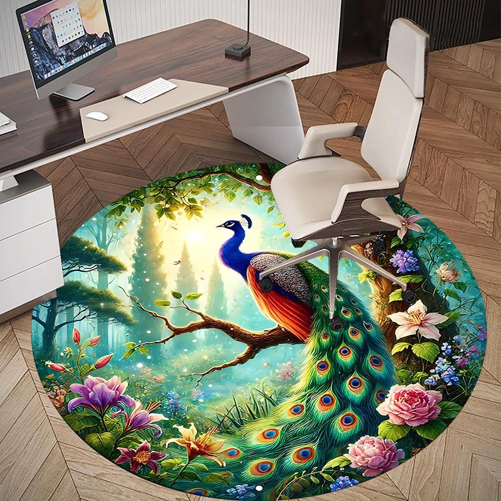 1pc Peacock Flowers Round Chair Mat Area Rug - Non-Slip, Floor Mat for Office, Bedroom, and Indoor Decor C1125203