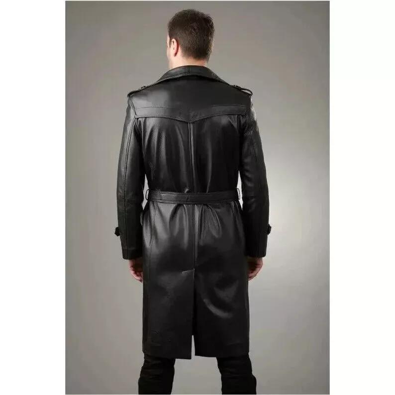 Fashion Formal Work Original Lambskin Leather Black Handmade Trench Coat Stylish