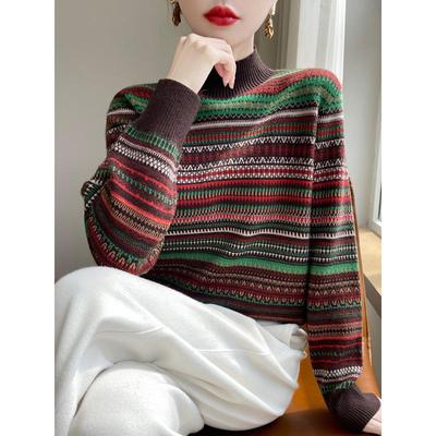 Damen Retro Gestreifter Strickpullover mit hohem Kragen - Vielseitig & Modisch für Herbst/Winter