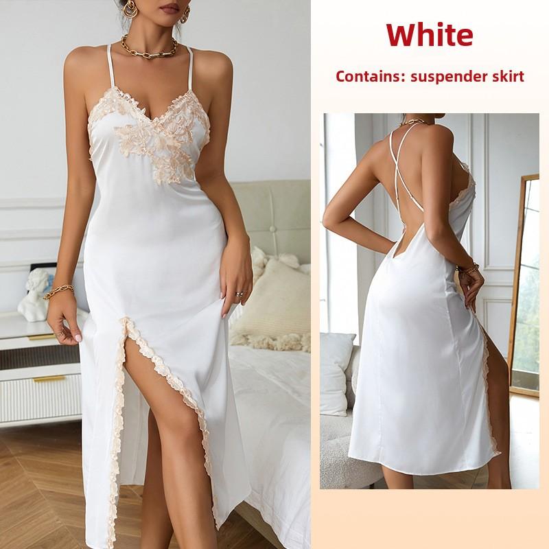 Simulationsseiden-Pyjama Spitze Sexy V-Ausschnitt Langer Schlitz Träger-Pyjama Pyjama Loungewear
