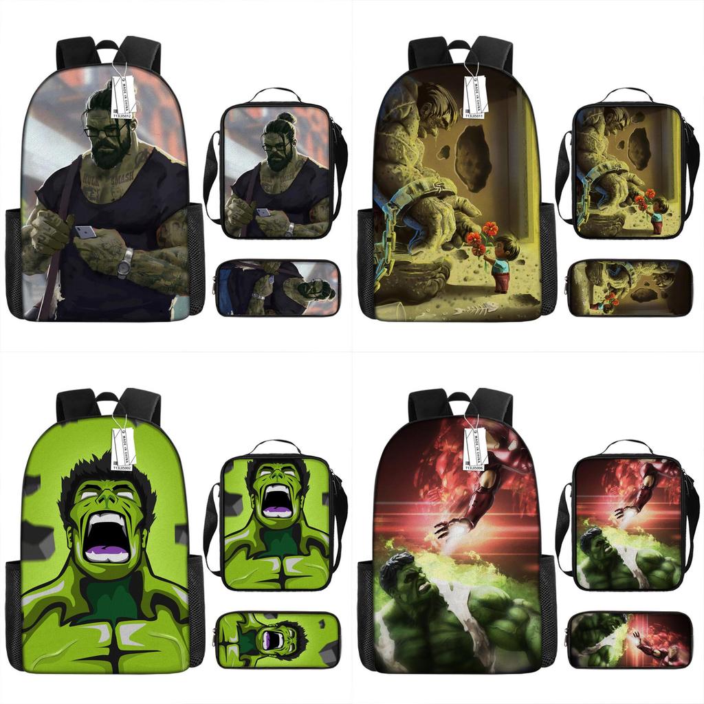 Children Backpack Three Piece Set With The Avengers Hulk Print Design For School Use