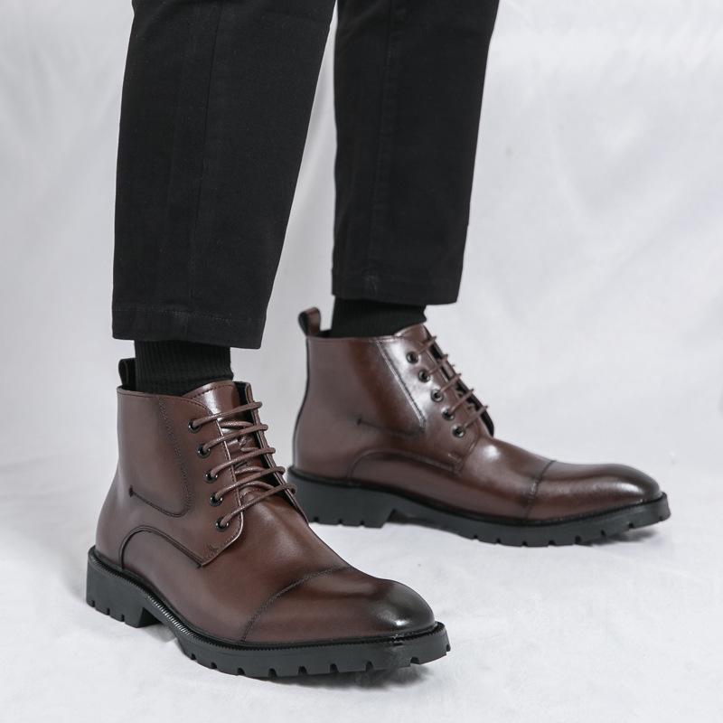 Men's leather boots Fashion men's high-top leather shoes Large size New trend Martin boots British style business leather shoes