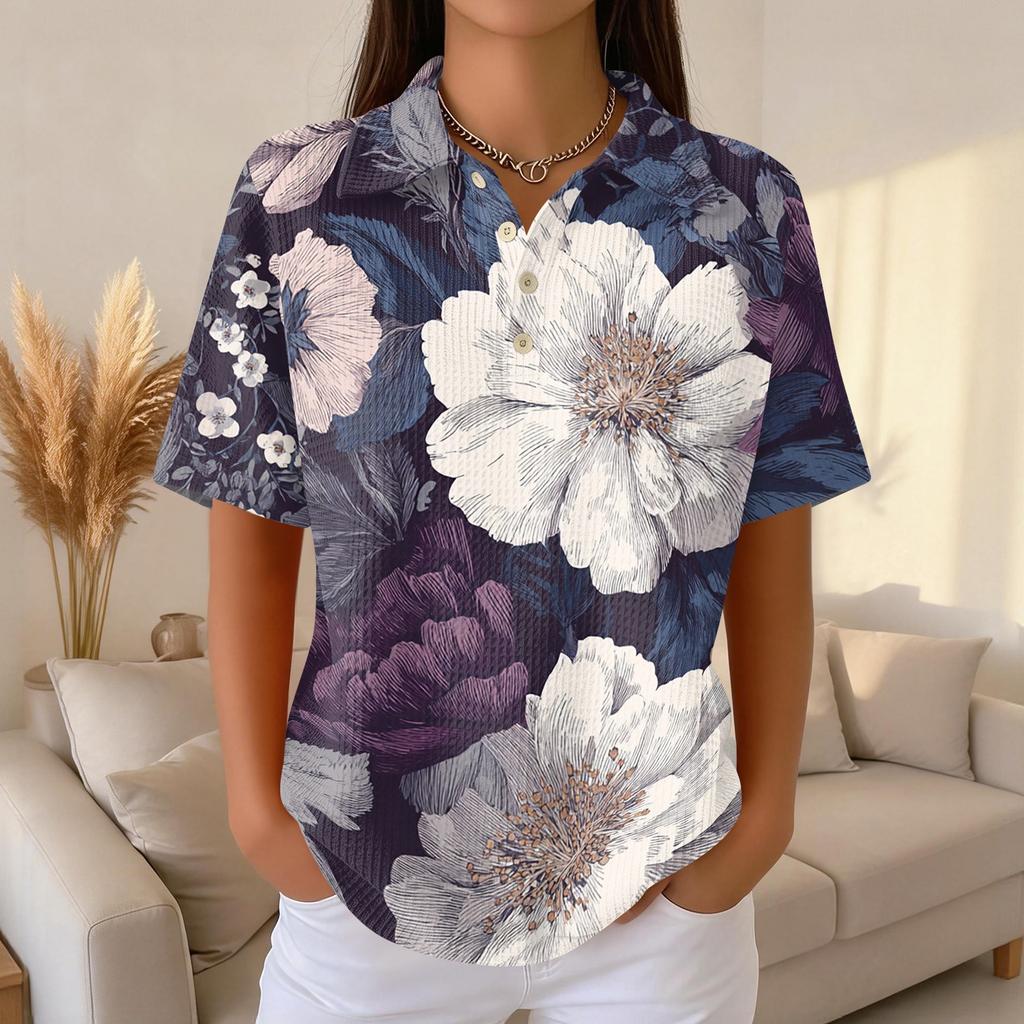 Women's Casual Short Sleeve Retro Floral Print Waffle Knit Polo Shirt Button Down Top with Classic Collar for Everyday Wear