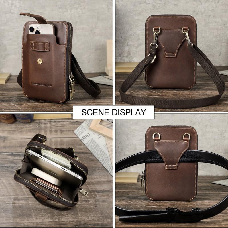 Retro Top Layer Cowhide Fashionable Large Screen Mobile Waist Bag Multifunctional Genuine Leather Men's Shoulder Crossbody