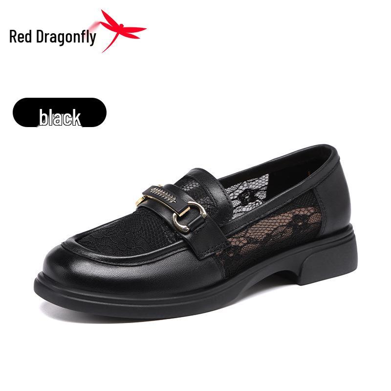 Red Dragonfly Black Leather Women s Chunky Heel Mesh Loafers - Breathable, Soft, Thick Sole, Hollow Design. 40