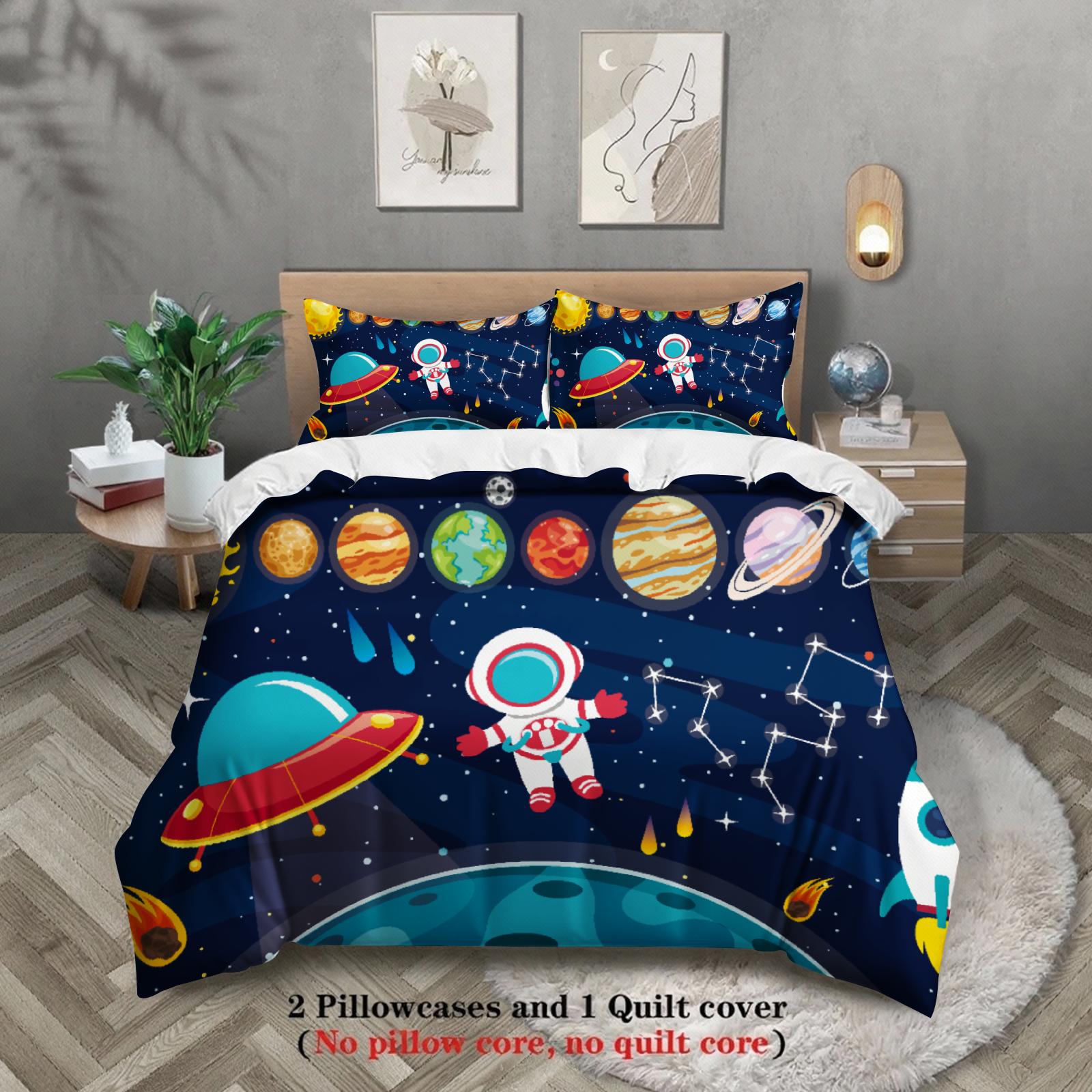 3pcs Space Astronaut Bedding Sets 3D Printed Outer Space Planets Duvet Cover Sets With Pillowcases No Filling US Full(200x230cm)