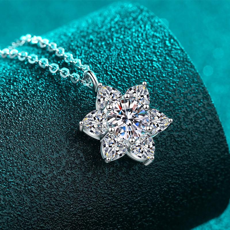 Sterling Snowflake Pendant Necklace Women Full Moissanite Floral Wave Design Delicate Layered Chain Lightweight