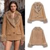 Women Faux Suede Short Jacket Faux Fur Collar and Cuffs Button Up Winter Outerwear