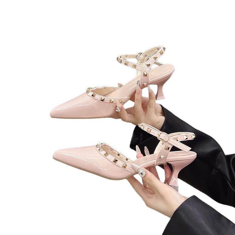 Rivet high heels stiletto spring and summer new fashion pointed patent leather outer wear all-match buckle temperament sandals
