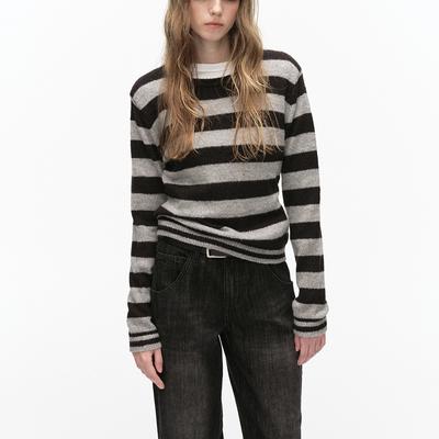 Y2k Ästhetischer Pullover Damen Grau Gestreift Langarm Tops