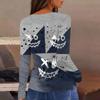 Women's Halloween Print Long Sleeve Top with Round Neck and Hem Slit for Casual Party Wear