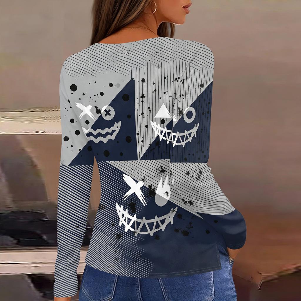 Women's Halloween Print Long Sleeve Top with Round Neck and Hem Slit for Casual Party Wear