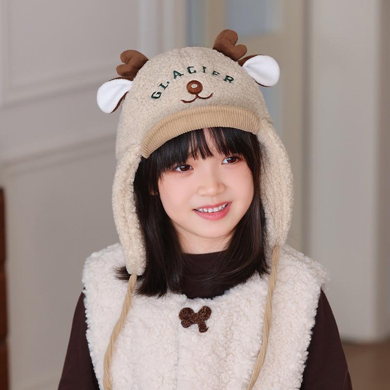 Kids Deer Cartoon Knit Hat With Windproof Design For Cold Weather Outdoor Activities бежевый