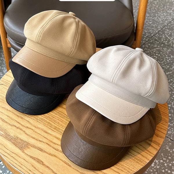 Retro fashion breathable octagonal hat leather brim woolen newsboy hat autumn and winter protective warm hat children's sweet