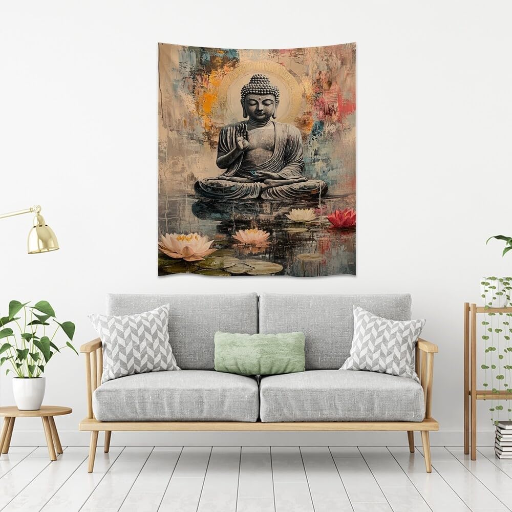 VintVintage Buddha Lotus Tapestry Wall Hanging Mandala Buddhist Statue Tapestry Wall Decoration Zen Art Bedroom Living Room 100X70CM